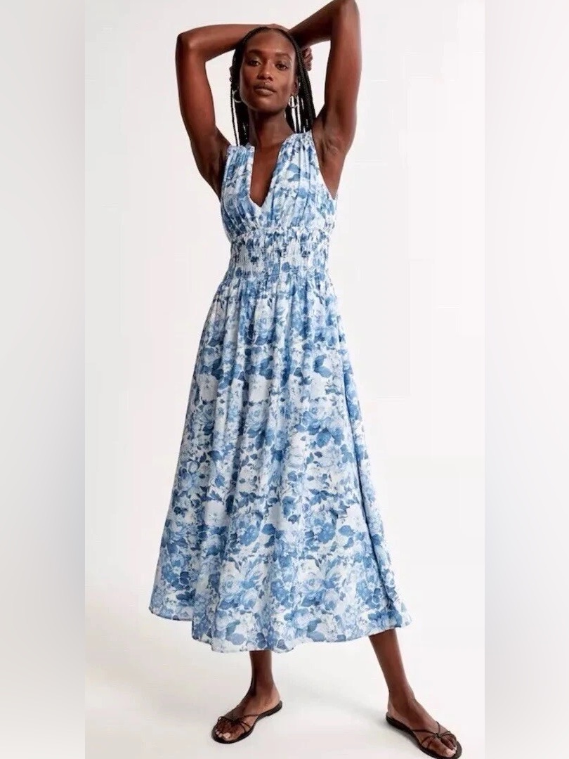 Abercrombie & Fitch Crinkle Shirred Waist Maxi Dress Floral Blue White New Xs